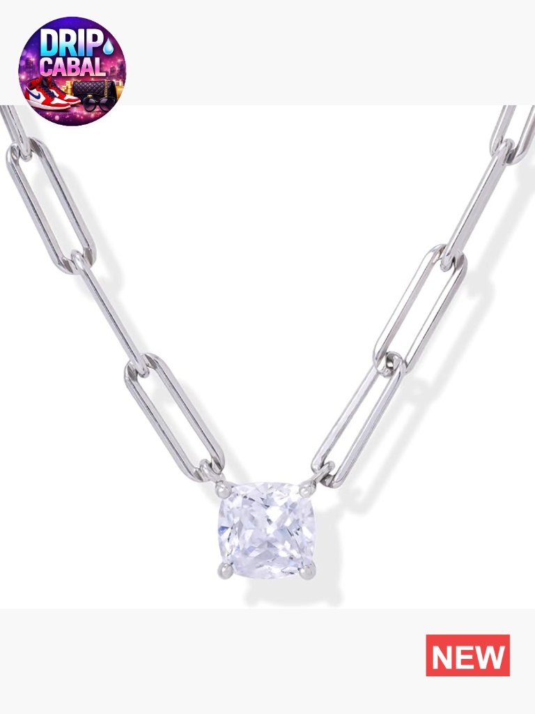 Paperclip Chain Layering Necklace - Sterling Silver Cz Pendant - 18"